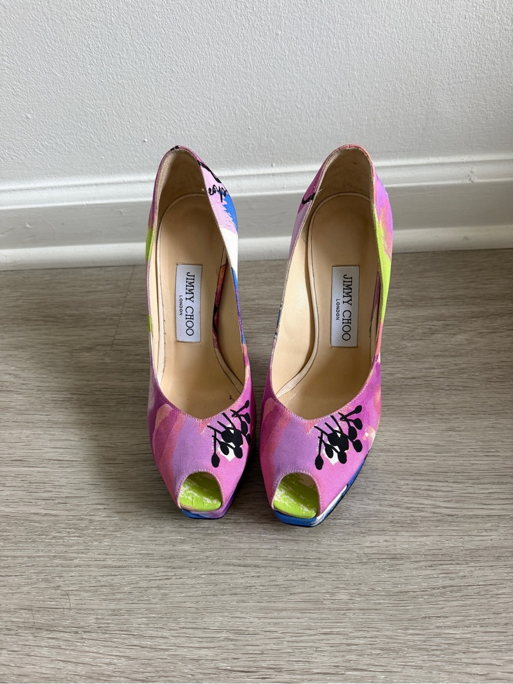 Jimmy Choo Pink Multicolor Floral Peep-Toe Heels